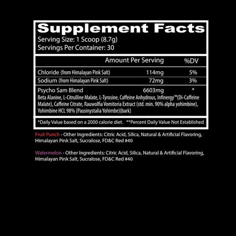 Psycho Sam Supplement Facts Panel