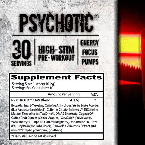 Psychotic SAW Pre Workout Supplement Facts Panel